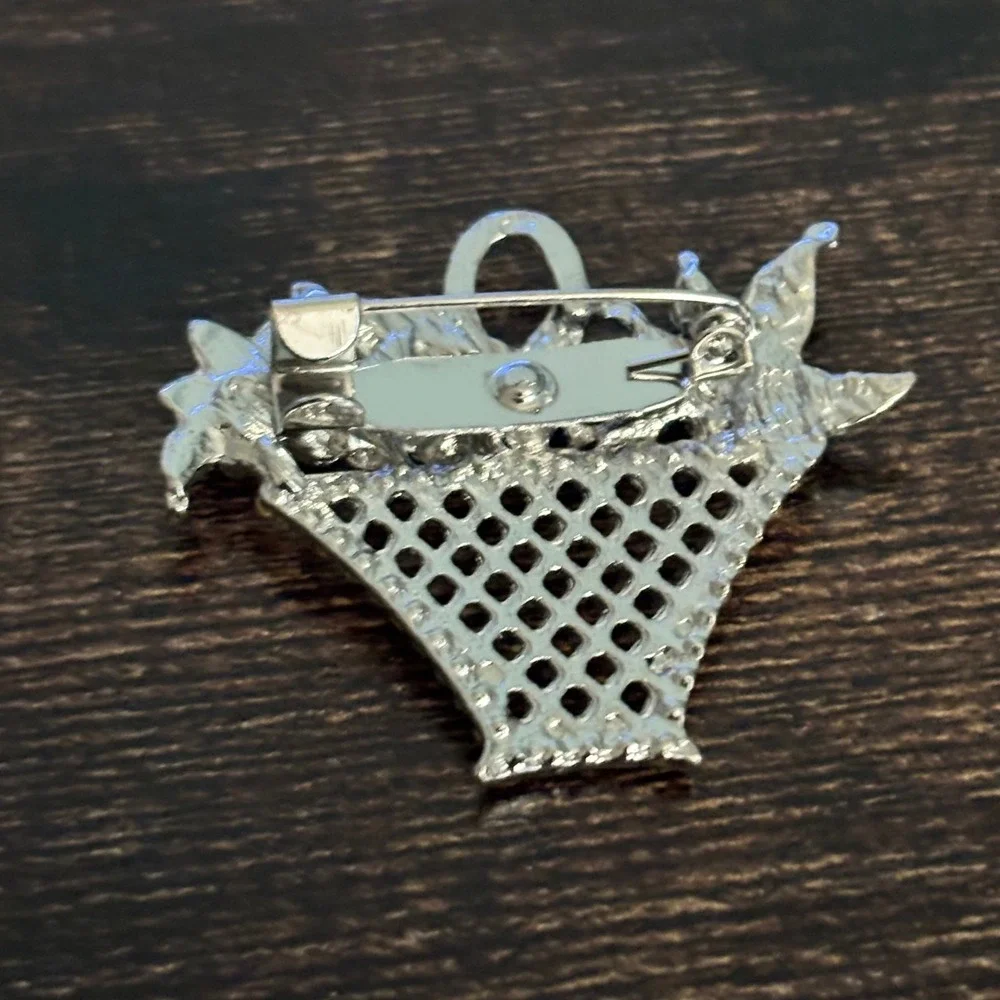 Vintage Style Silver Tone Flower Basket Brooch AB Rhinestone Enamel Pin